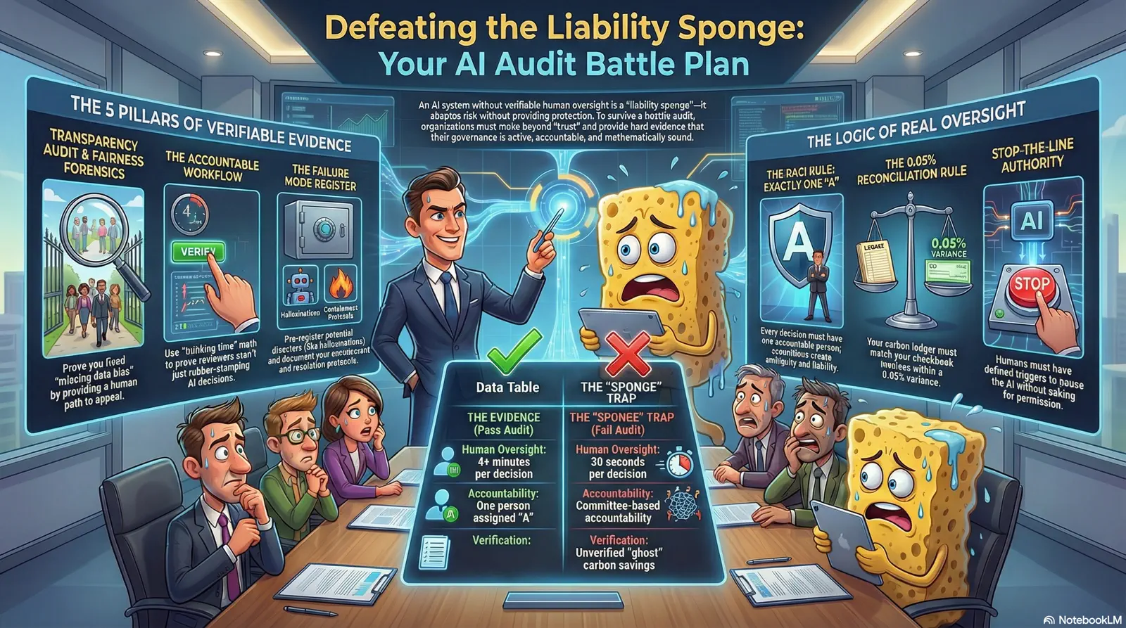 Visual battle plan for defending an audit against liability-sponge failure.