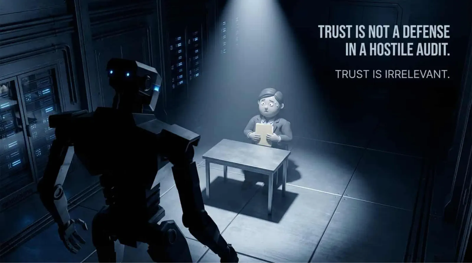 A human being questioned by a robot auditor under a spotlight, with text saying trust is not a defense in a hostile audit.