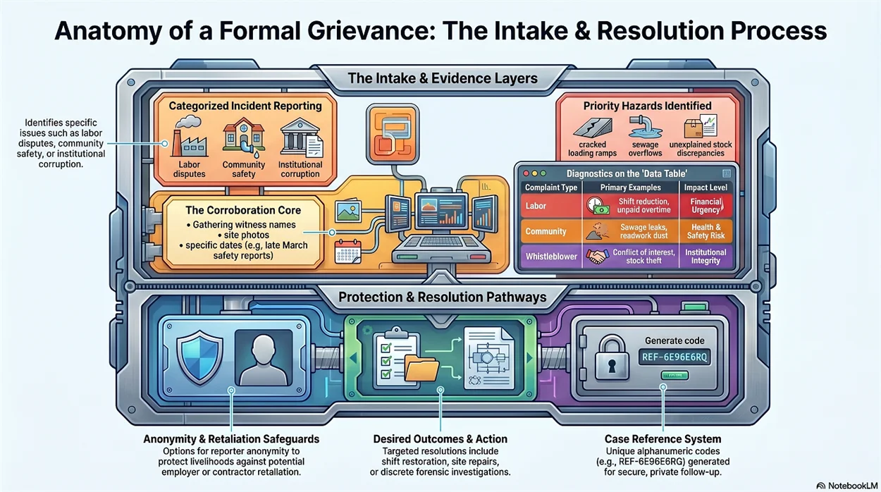 Anatomy of a grievance — flow from voice intake through structured record
